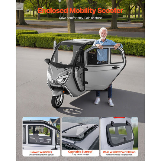 3 - Wheel Enclosed Mobility Scooter for Seniors Adults, 650lbs Capacity, 3 - Seater 1500W Electric Recreational Mobility Scooter 37 Miles Long Range, Remote Unlock, All - Terrain for Shopping Touring - Powersport Electric Scooters