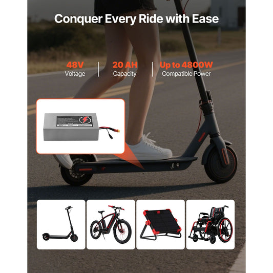 48V Electric Scooter Battery, 20Ah, Ebike Lithium Battery Pack with 30A BMS, Charger, T - Plug Expansion Cable, 500+ Cycles, Compatible with 4800W Motors, for Electric Bikes Bicycles, Scooters - Powersport Electric Scooters