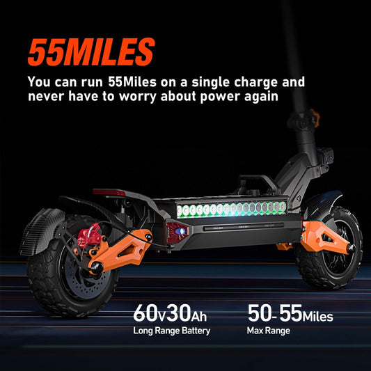 6000W Fast Electric Scooter for Adult, Daul Motor 50mph, 60V 30Ah, 11'' Off Road Tires, 55miles Range, Foldable eScooter - Powersport Electric Scooters