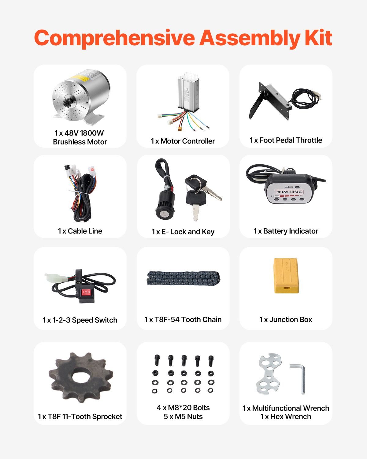 1800W Electric Brushless DC Motor Kit - 48V 4500rpm Motor with Upgraded Speed Controller, Foot Pedal and Throttle Grip Kit for Go Karts E - Bike Motorcycle Scooter - Powersport Electric Scooters