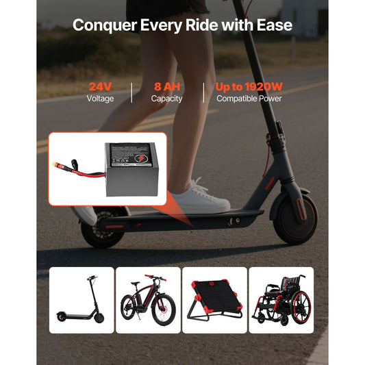 24V Electric Scooter Battery, 8Ah, Ebike Lithium Battery Pack with 30A BMS, Charger, T - Plug Expansion Cable, 500+ Cycles, Compatible with 1920W Motors, for Electric Bikes Bicycles, Scooters - Powersport Electric Scooters
