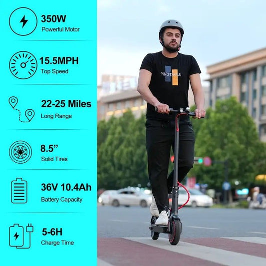 350W Foldable Electric Scooter for Adults - 15.5 MPH Max Speed, 25 Mile Long Range, 8.5" Solid Tires, LED Display, Disc Brake, Portable Commuter Scooter - Powersport Electric Scooters