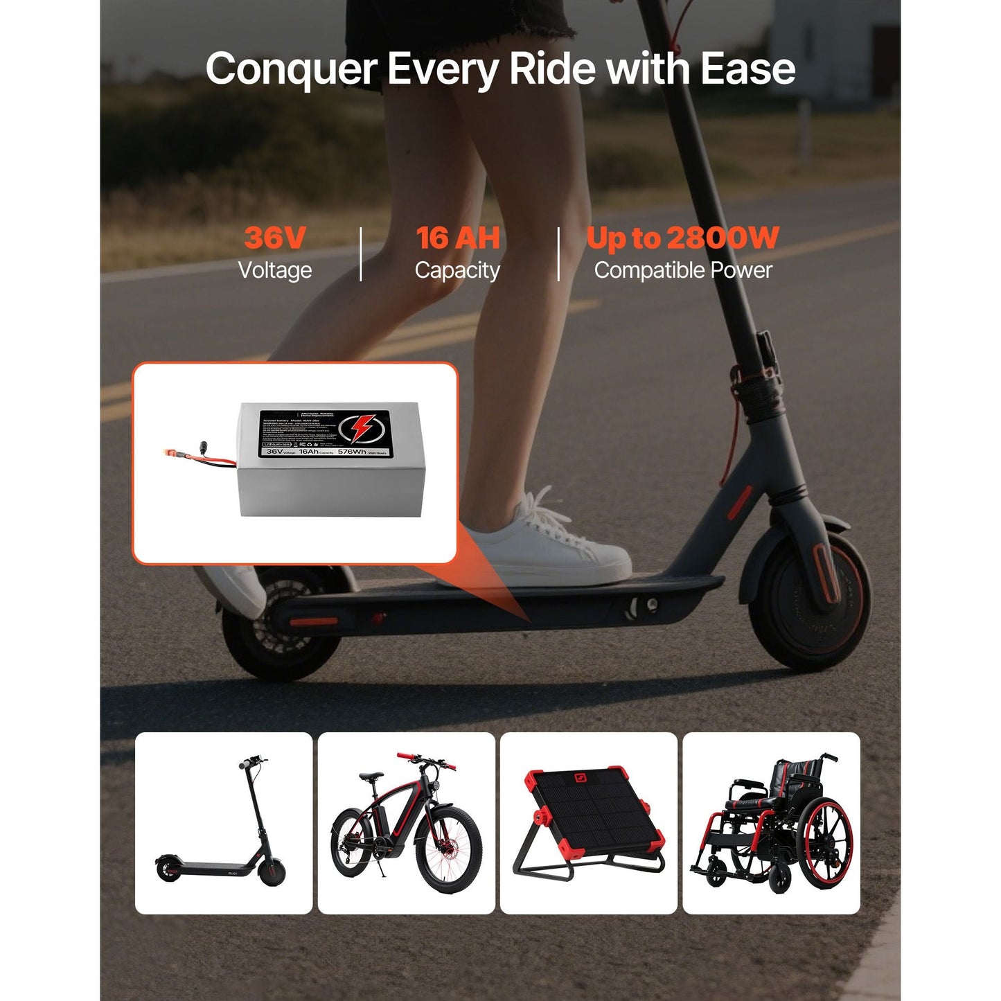 36V Electric Scooter Battery, 16Ah, Ebike Lithium Battery Pack with 30A BMS, Charger, T - Plug Expansion Cable, 500+ Cycles, Compatible with 2880W Motors, for Electric Bikes Bicycles, Scooters - Powersport Electric Scooters