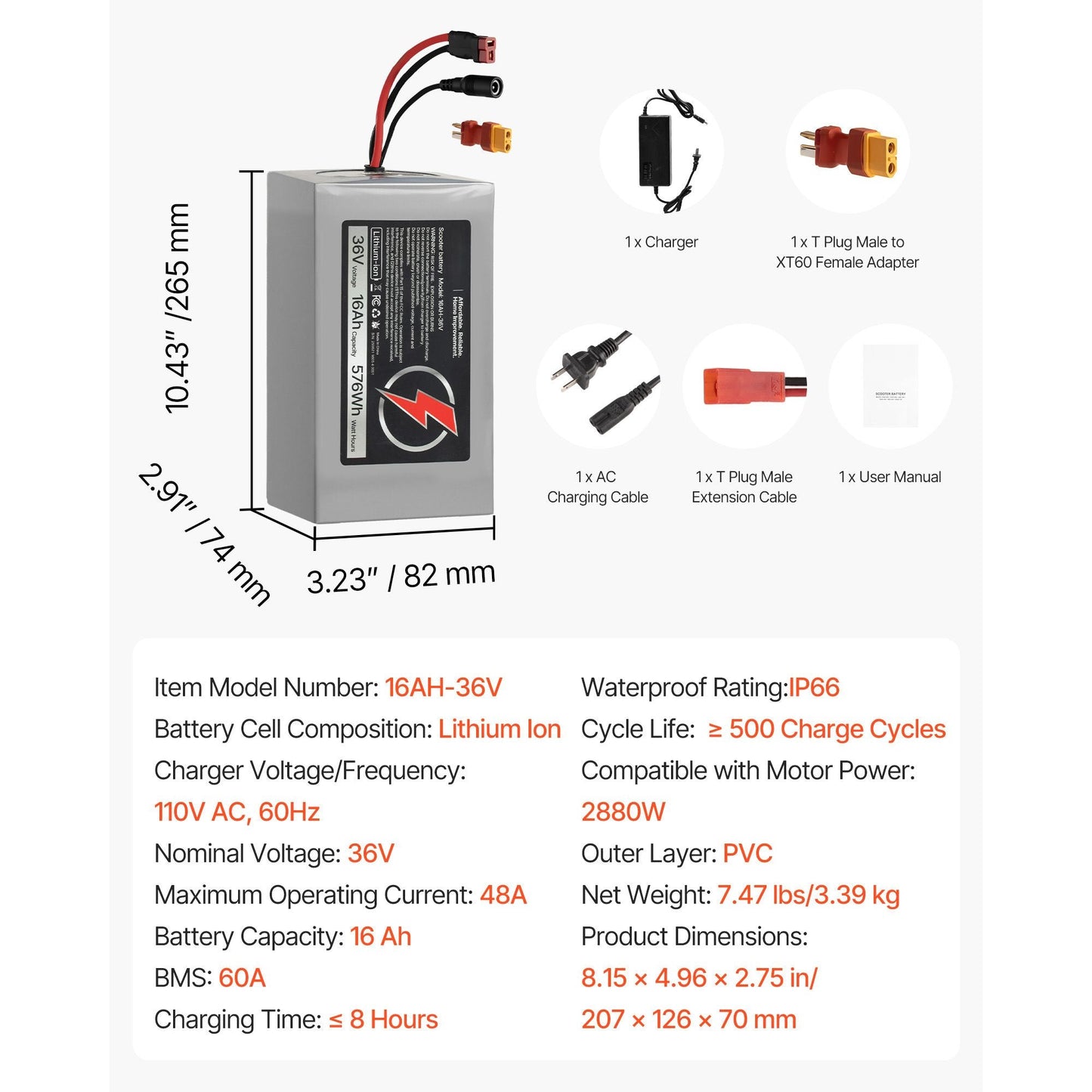 36V Electric Scooter Battery, 16Ah, Ebike Lithium Battery Pack with 30A BMS, Charger, T - Plug Expansion Cable, 500+ Cycles, Compatible with 2880W Motors, for Electric Bikes Bicycles, Scooters - Powersport Electric Scooters