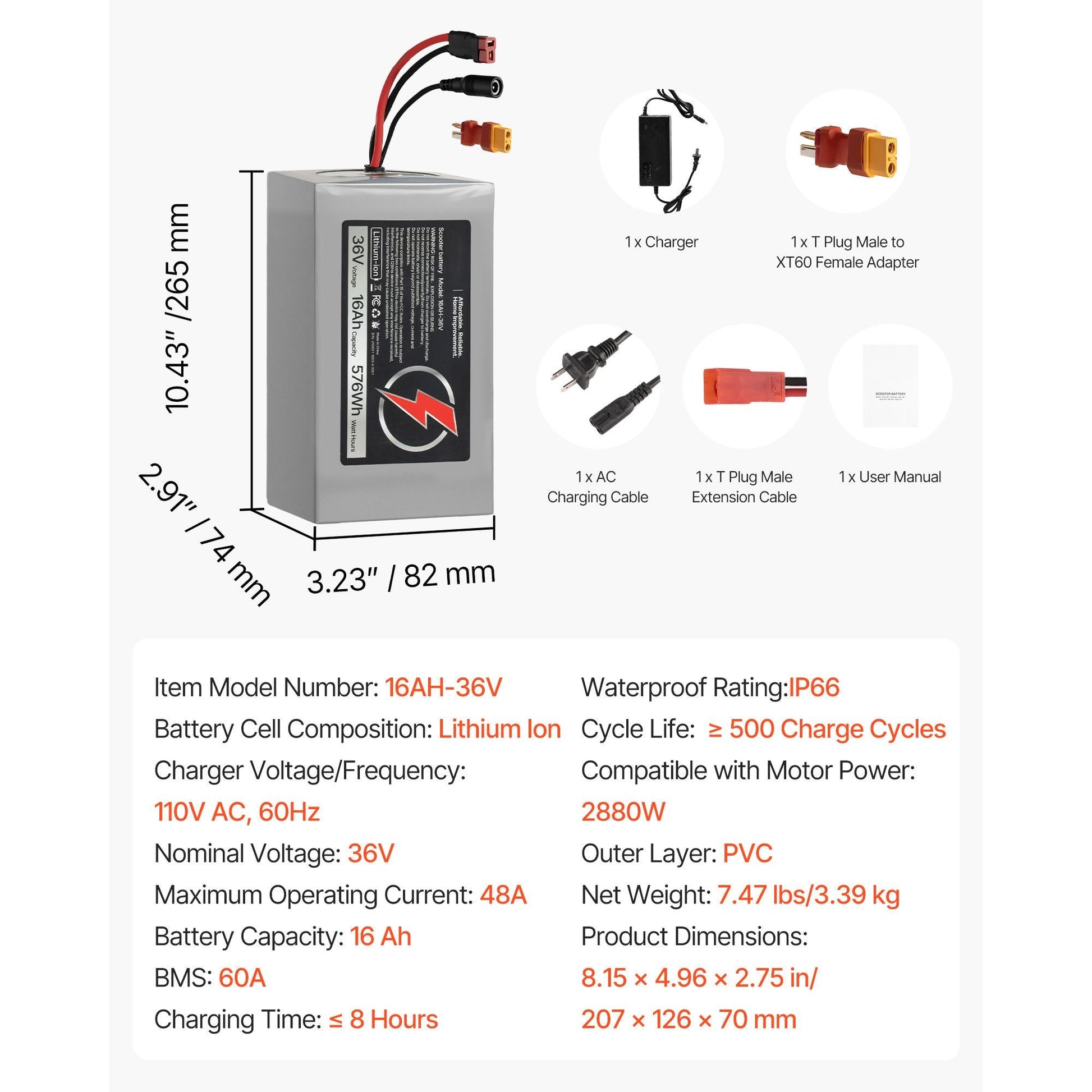 36V Electric Scooter Battery, 16Ah, Ebike Lithium Battery Pack with 30A BMS, Charger, T - Plug Expansion Cable, 500+ Cycles, Compatible with 2880W Motors, for Electric Bikes Bicycles, Scooters - Powersport Electric Scooters