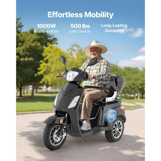 Heavy Duty 3 - Wheel Mobility Scooters for Seniors & Adults, 500lbs Capacity, 21.5 Miles 3 - Speed Long Range, 1000W All Terrain Electric Recreational Scooter Wheelchair, 20° Max Climbing Capacity - Powersport Electric Scooters