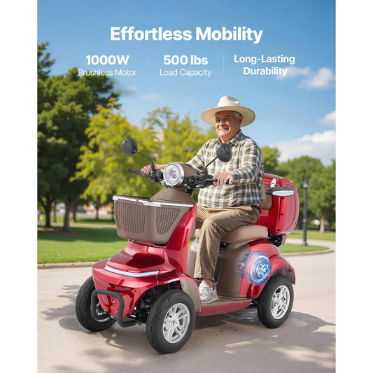 Heavy Duty 4 - Wheel Mobility Scooters for Seniors & Adults, 500lbs Capacity, 21.5 Miles 3 - Speed Long Range, 1000W All Terrain Electric Recreational Scooter Wheelchair, 20° Max Climbing Capacity - Powersport Electric Scooters