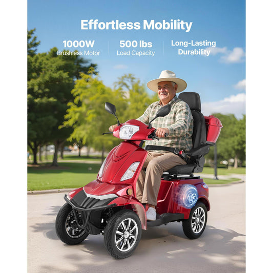 Heavy Duty 4 - Wheel Mobility Scooters for Seniors & Adults, 500lbs Capacity, 21.5 Miles 3 - Speed Long Range, 1000W All Terrain Electric Recreational Scooter Wheelchair, 20° Max Climbing Capacity - Powersport Electric Scooters