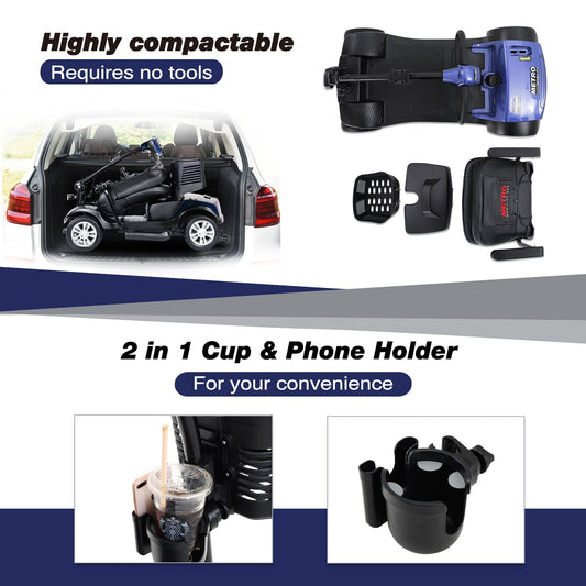 MAX SPORT BLUE 4 Wheels Outdoor Compact Mobility Scooter with 2 in 1 Cup & Phone Holder - Powersport Electric Scooters