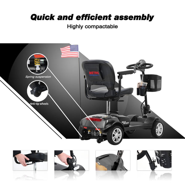 MAX SPORT GREY 4 Wheels Outdoor Compact Mobility Scooter with 2 in 1 Cup & Phone Holder - Powersport Electric Scooters